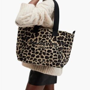 All Saints medium Izzy fleece Leopard Pattern Tote in Black and Tan